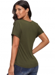 Black V-Neck Twist Ruched Basic Short Sleeve Tee