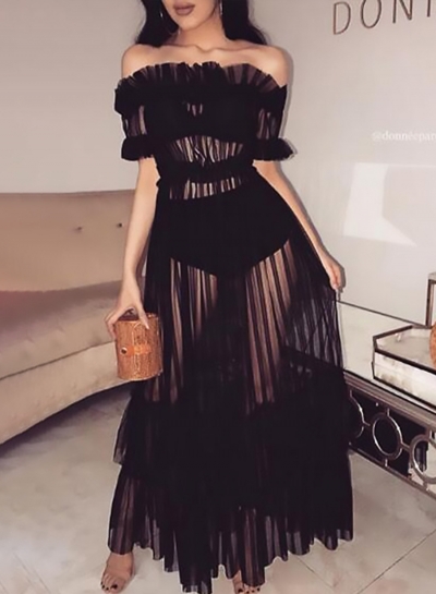 Sexy Transparent Mesh Slash Neck Off The Shoulder High Waist Swing Dress LZDINTECOMMERCE.com