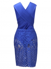 Fashion Sexy Lace Splicing Sleeveless V Neck Waist Tie Bodycon Dress