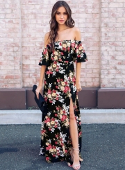 Fashion Sexy Floral Printed Slash Neck Elastic Waist Slit Maxi Dress