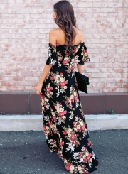 Fashion Sexy Floral Printed Slash Neck Elastic Waist Slit Maxi Dress