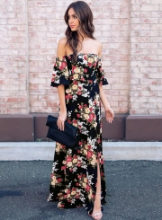 Fashion Sexy Floral Printed Slash Neck Elastic Waist Slit Maxi Dress