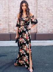 Fashion Sexy Floral Printed Slash Neck Elastic Waist Slit Maxi Dress