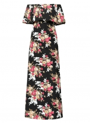 Fashion Sexy Floral Printed Slash Neck Elastic Waist Slit Maxi Dress