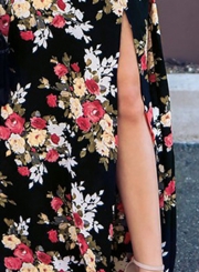 Fashion Sexy Floral Printed Slash Neck Elastic Waist Slit Maxi Dress