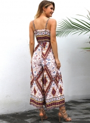 Vintage Loose Printed Strappy V Neck High Waist Wide Leg Slit Jumpsuit