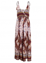 Vintage Loose Printed Strappy V Neck High Waist Wide Leg Slit Jumpsuit