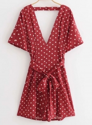 Summer Short Sleeve V Neck Backless Waist Tie Polka Dots Wide Leg Romper