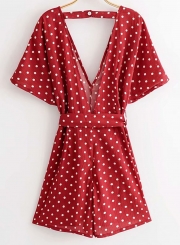 Summer Short Sleeve V Neck Backless Waist Tie Polka Dots Wide Leg Romper