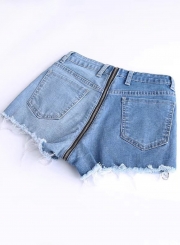 Fashion Splicing High Waist Burrs Zipper Fly Denim Shorts With Pockets