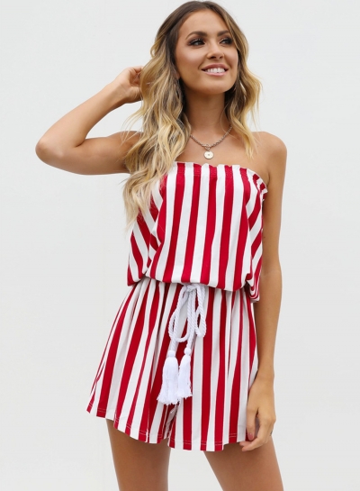 Summer Sexy Slim Striped Off The Shoulder Waist Tie Straight Romper YOUYOUFASHIONEC.com