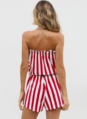 Summer Sexy Slim Striped Off The Shoulder Waist Tie Straight Romper