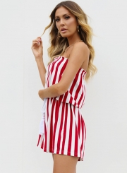 Summer Sexy Slim Striped Off The Shoulder Waist Tie Straight Romper