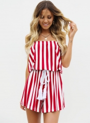 Summer Sexy Slim Striped Off The Shoulder Waist Tie Straight Romper