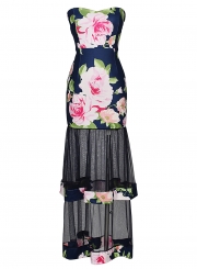 Fashion Floral Printed Chest Wrapped Mesh Splicing A-line Bodycon Dress