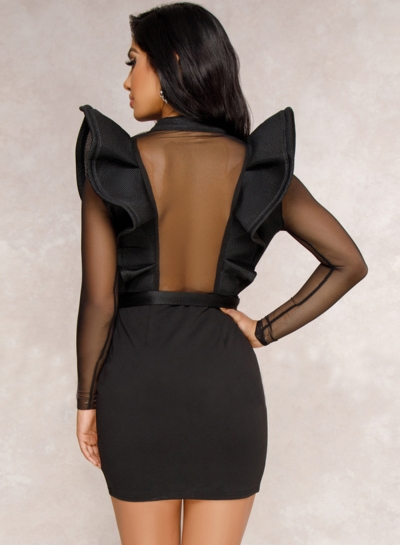 plunge neck mesh waist bodycon dress