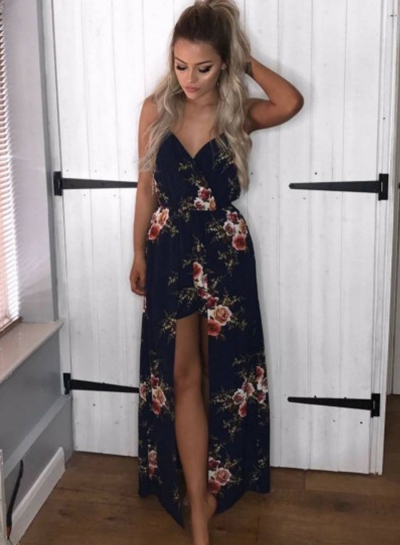 Fashion Splicing Floral Printed Spaghetti Strap V Neck High Waist Jumpsuit