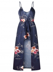 Fashion Splicing Floral Printed Spaghetti Strap V Neck High Waist Jumpsuit