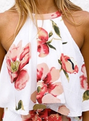 Fashion Floral Printed Halter Off The Shoulder Tank With Straight Shorts