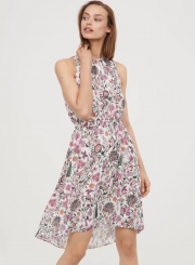 Summer Casual Slim Chiffon Floral Printed Sleeveless Elastic Waist Dress