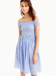 Casual Smocking Plaid Short Sleeve Off The Shoulder High Waist Dress