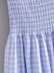 Casual Smocking Plaid Short Sleeve Off The Shoulder High Waist Dress