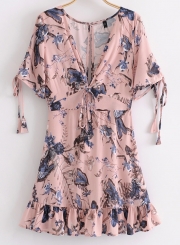 Chiffon Floral Lace-Up Short Sleeve V Neck Ruffle Hem A-line Mini Dress