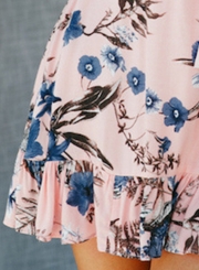 Chiffon Floral Lace-Up Short Sleeve V Neck Ruffle Hem A-line Mini Dress