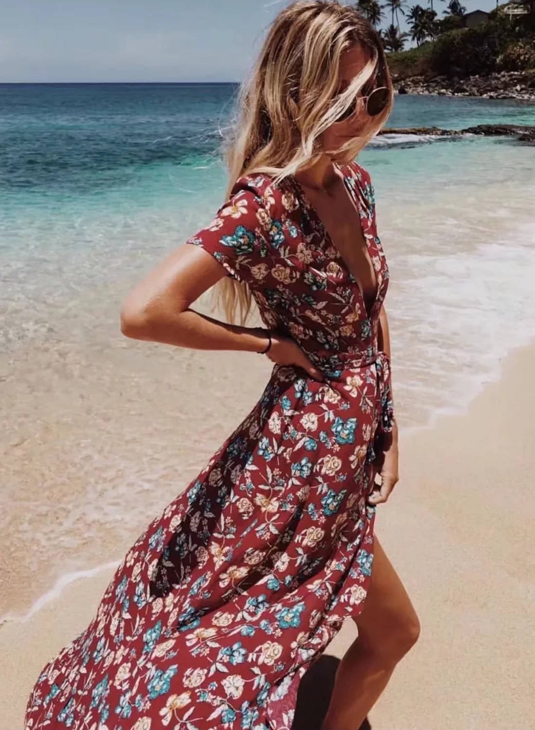 Summer Floral Printed Short Sleeve V Neck Slit Ruffle Hem Swing Maxi Dress 4246