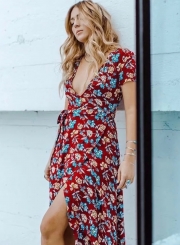 Summer Floral Printed Short Sleeve V Neck Slit Ruffle Hem Swing Maxi Dress