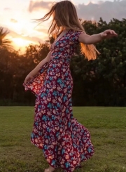 Summer Floral Printed Short Sleeve V Neck Slit Ruffle Hem Swing Maxi Dress