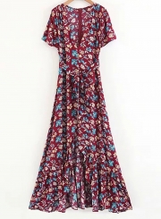 Summer Floral Printed Short Sleeve V Neck Slit Ruffle Hem Swing Maxi Dress