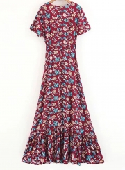 Summer Floral Printed Short Sleeve V Neck Slit Ruffle Hem Swing Maxi Dress