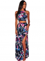 Summer Floral Printed Sleeveless Backless Lace-Up Crop Top Slit Skirt Set