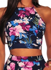 Summer Floral Printed Sleeveless Backless Lace-Up Crop Top Slit Skirt Set