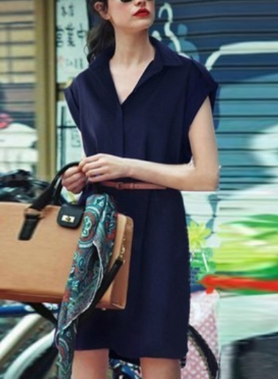 Slim Chiffon Navy Turn-Down Collar Short Sleeve Shirt Dress With Belt YOUYOUFASHIONEC.com