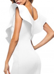 Fashion Sexy Slim Solid Ruffle Backless V Neck Maxi Dress