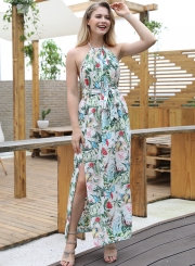 Fashion Boho Floral Printed Halter Backless Waist Tie Slit Maxi Dress