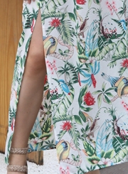 Fashion Boho Floral Printed Halter Backless Waist Tie Slit Maxi Dress