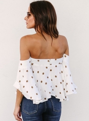 Fashion Sexy Slash Neck Ruffle Hem Back Zip Blouse With Polka Dots