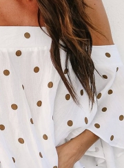 Fashion Sexy Slash Neck Ruffle Hem Back Zip Blouse With Polka Dots