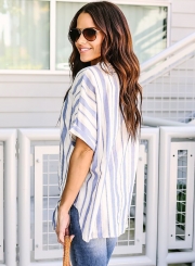 Casual Irregular Striped Short Dolman V Neck Front Knot Button Down Shirt