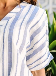 Casual Irregular Striped Short Dolman V Neck Front Knot Button Down Shirt