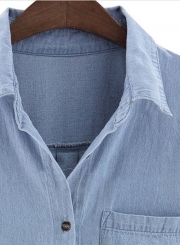 Casual Solid Roll-Tab Sleeve Turn-Down Collar Denim Button Down Shirt