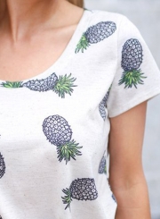Summer Loose Pineapple Printed Front Knot Short Sleeve Round Neck Tee