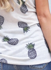 Summer Loose Pineapple Printed Front Knot Short Sleeve Round Neck Tee