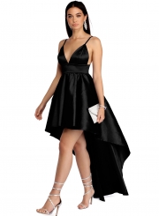 Fashion Solid Spaghetti Strap V Neck High Waist Hi-Lo Sleek Party Dress