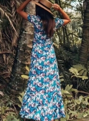 Summer Floral Printed Short Sleeve V Neck Slit Ruffle Hem Swing Maxi Dress