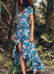 Summer Floral Printed Short Sleeve V Neck Slit Ruffle Hem Swing Maxi Dress