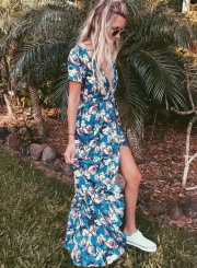 Summer Floral Printed Short Sleeve V Neck Slit Ruffle Hem Swing Maxi Dress